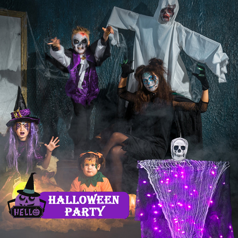 Hanging Halloween Ghosts Decorations, Grim Reaper with Halloween Purple String Lights for Halloween Indoor Outdoor Porch Party Decor