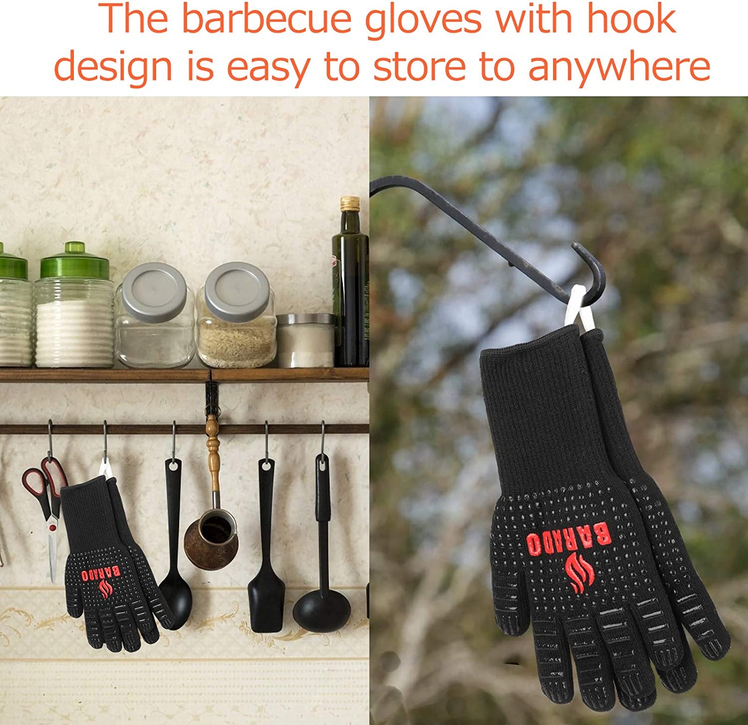 BBQ Gloves, Grill Gloves Extreme Heat Resistant, Barbecue Grilling Oven Gloves with Non-Slip Silicone Coating for Barbecue