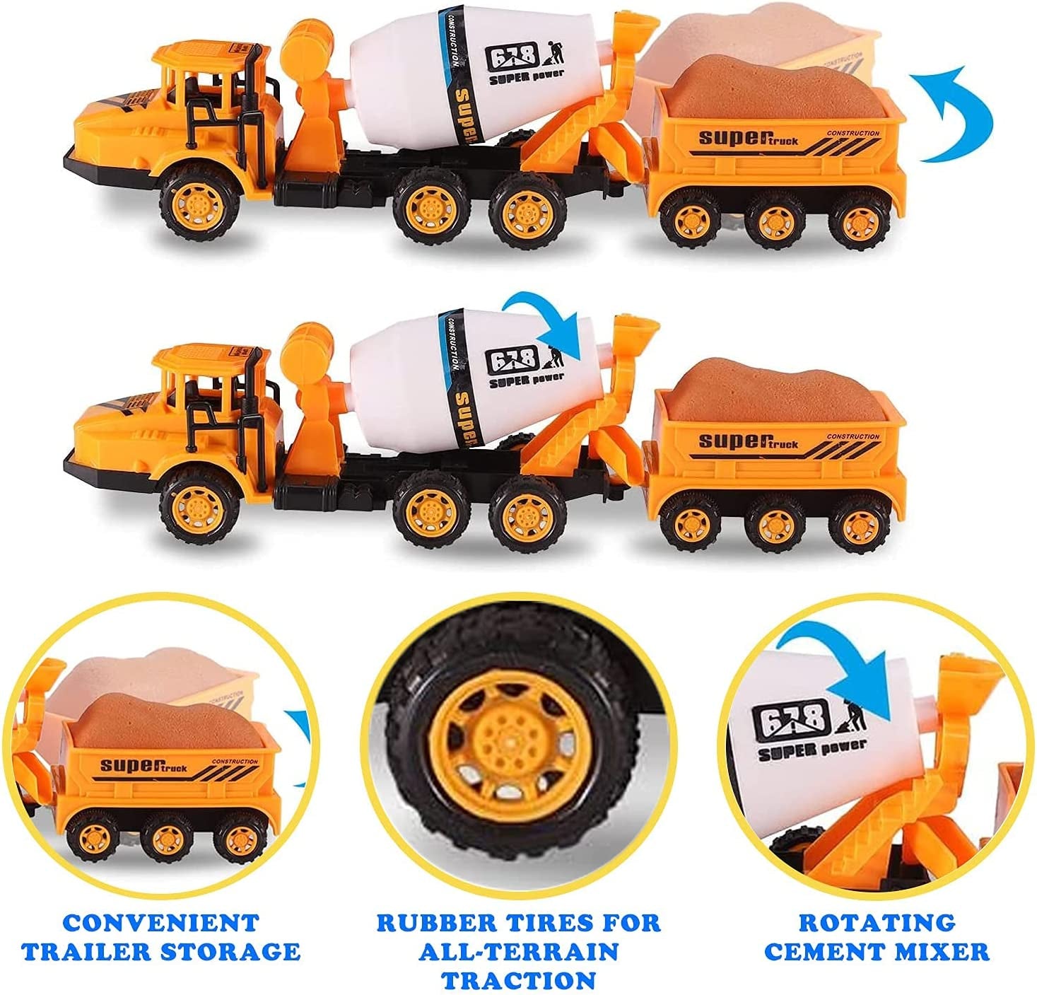 Big Rig Construction Tow Trucks W/ Trailers Toy Cargo Transport Vehicles Playset - Kids Hauler Play Set W/ Dump Truck, Cement Mixer, Excavator (3 Pack)
