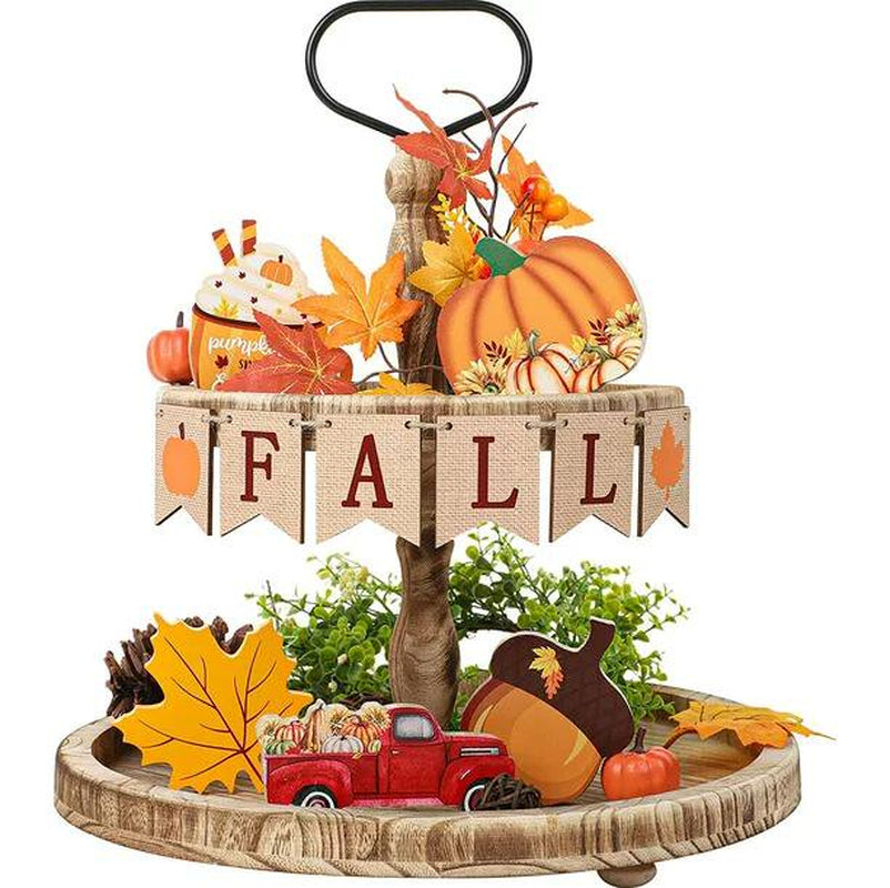 Fall Tiered Tray Decor, Pumpkin Maple Leaves Wooden Tabletop Signs Happy Fall Wood Block Autumn Truck Acorn Decorative Ornaments for Fall Thanksgiving Farmhouse Party Supplies, 11 PCS