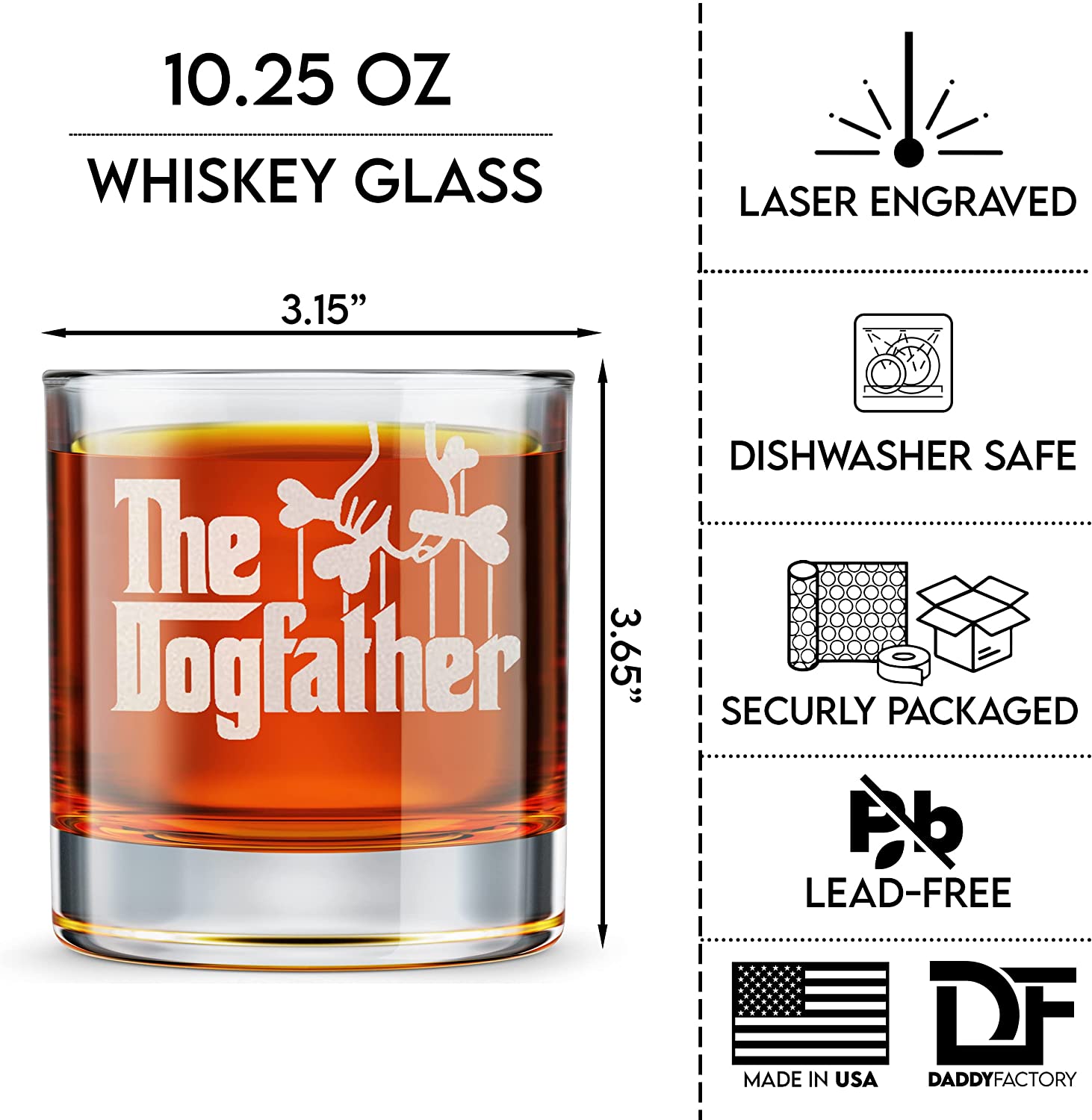 Dog Dad Gifts - the Dogfather - Etched 10.25 Whiskey Rocks Glass