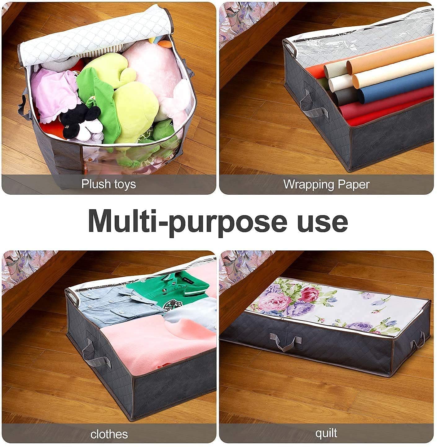 Set of 4 - Under Bed Storage Containers - Underbed Storage for Clothes, Blankets, Comforters, Pillows, Clothing, Wrapping Paper