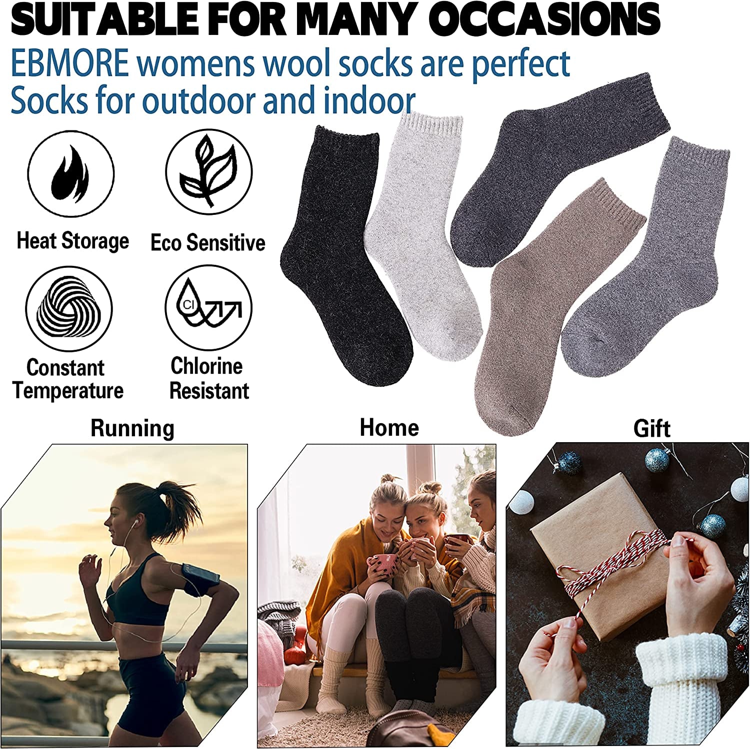  5 Pairs Women's Wool Socks Thermal Hiking Winter Boot Warm Thick Cozy Crew Comfy Work Socks for Ladies