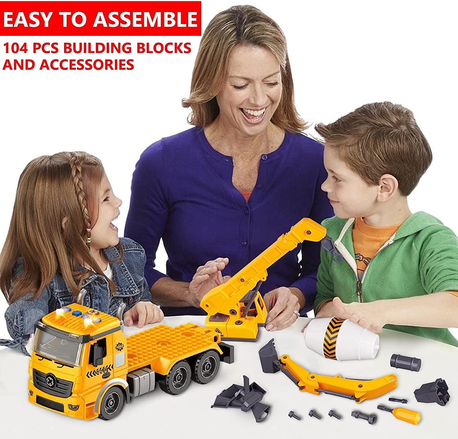 Take Apart Construction Toys for 4 5 6 7 8 Year Old Boy, 1 Truck and 3 Backs Assemble to Mixer, Excavator & Crane, 3 in 1 DIY Kids Stem Toy Truck with Sound and Light for Christmas & Birthday