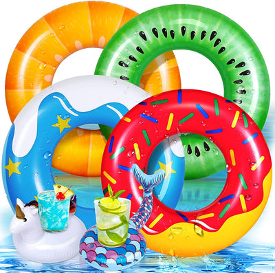 Mecids Inflatable Pool Floats Fruit Swimming Rings Pool Tubes , Donut Pool Toys for Kids & Adult, Summer Beach Toys – 6 Pack with Drink Holder