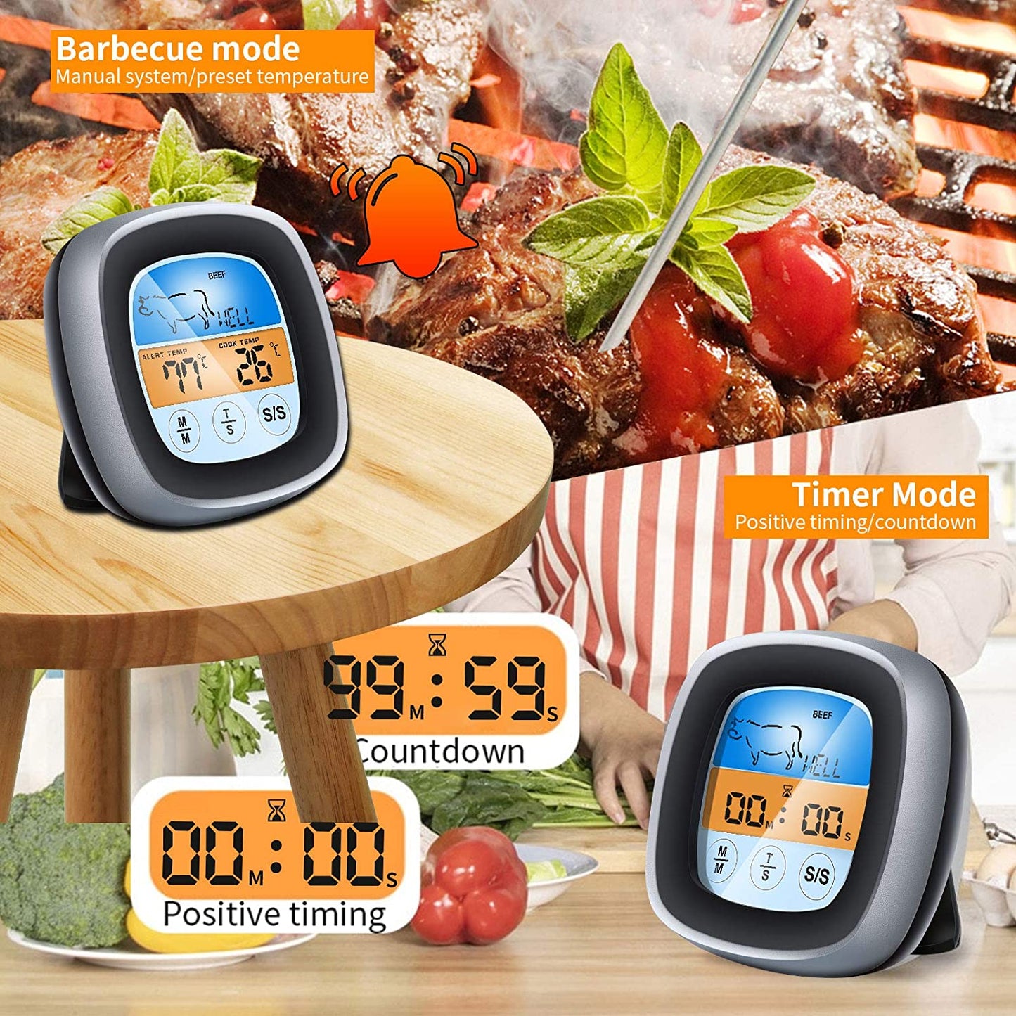 Meat Thermometer, Instant Read Food Thermometer for Cooking, Digital Oven Safe Meat Thermometer for Grilling and Smoking, with Sensitive Color LCD Display