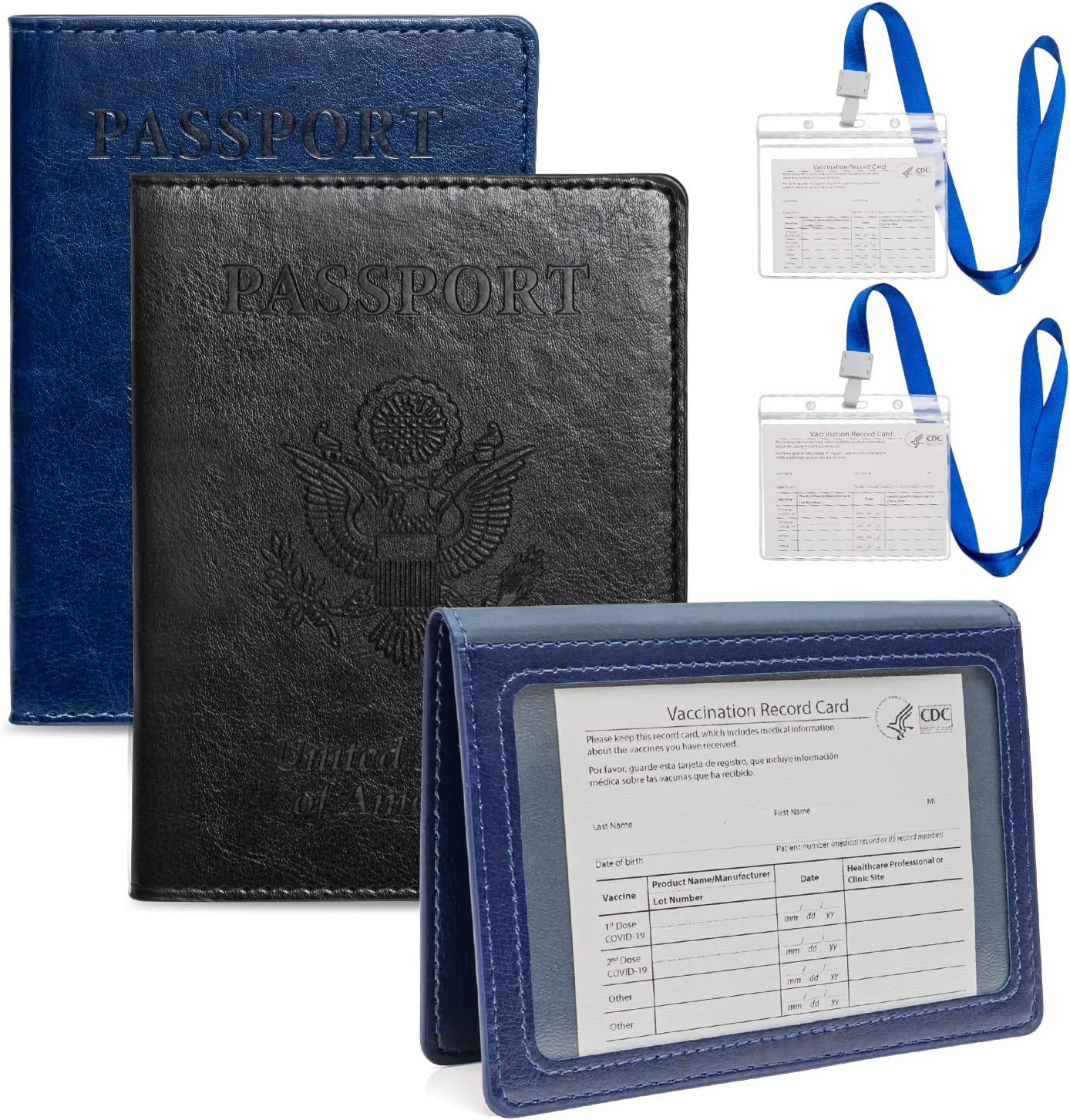 2 Pack Waterproof PU Leather Passport and Vaccine Card Holder Combo and Vaccine Card Protector Waterproof