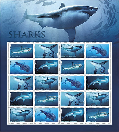 USPS Sharks One Sheet Forever Stamps - Booklet of 20 First Class Forever Stamps
