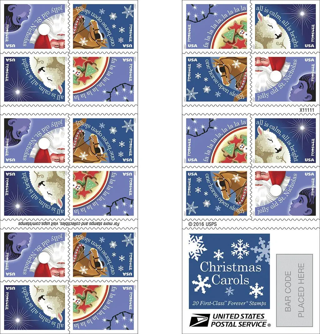 USPS Christmas Carols 2017 Forever Stamps - Booklet of 20 Postage Stamps