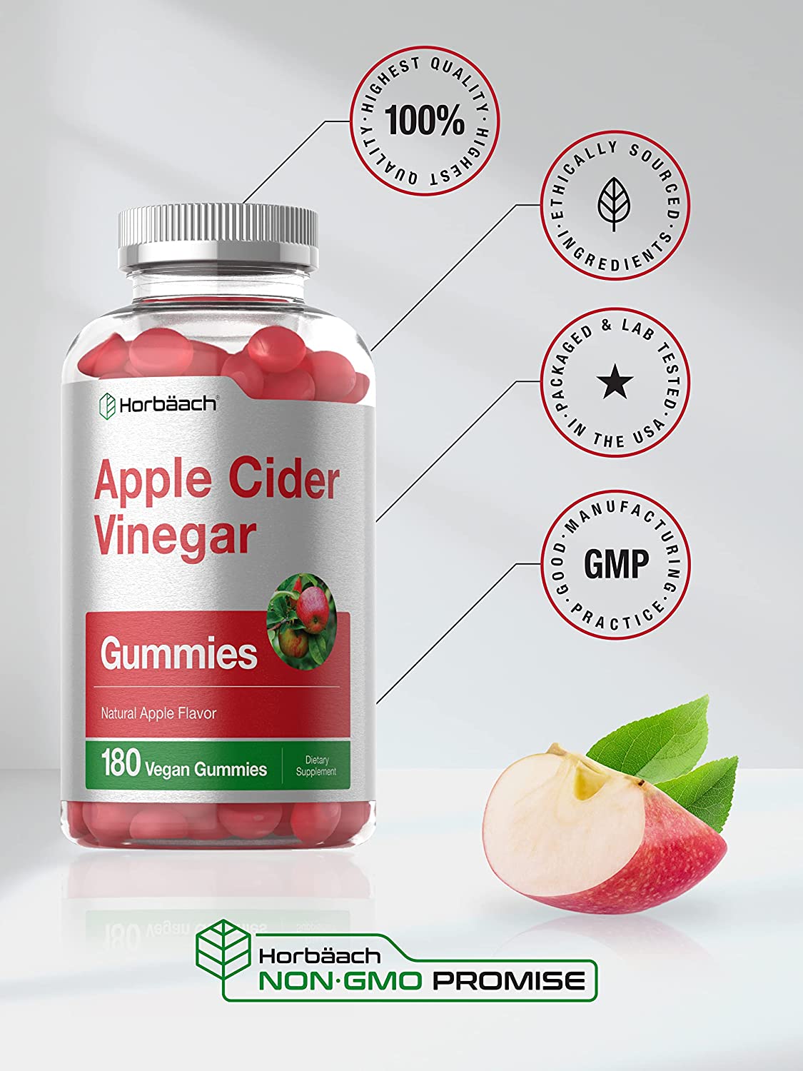 Apple Cider Vinegar Gummies | 180 Count | ACV Supplement | Natural Apple Flavor | Vegan, Non-Gmo, Gluten Free Gummies for Adults