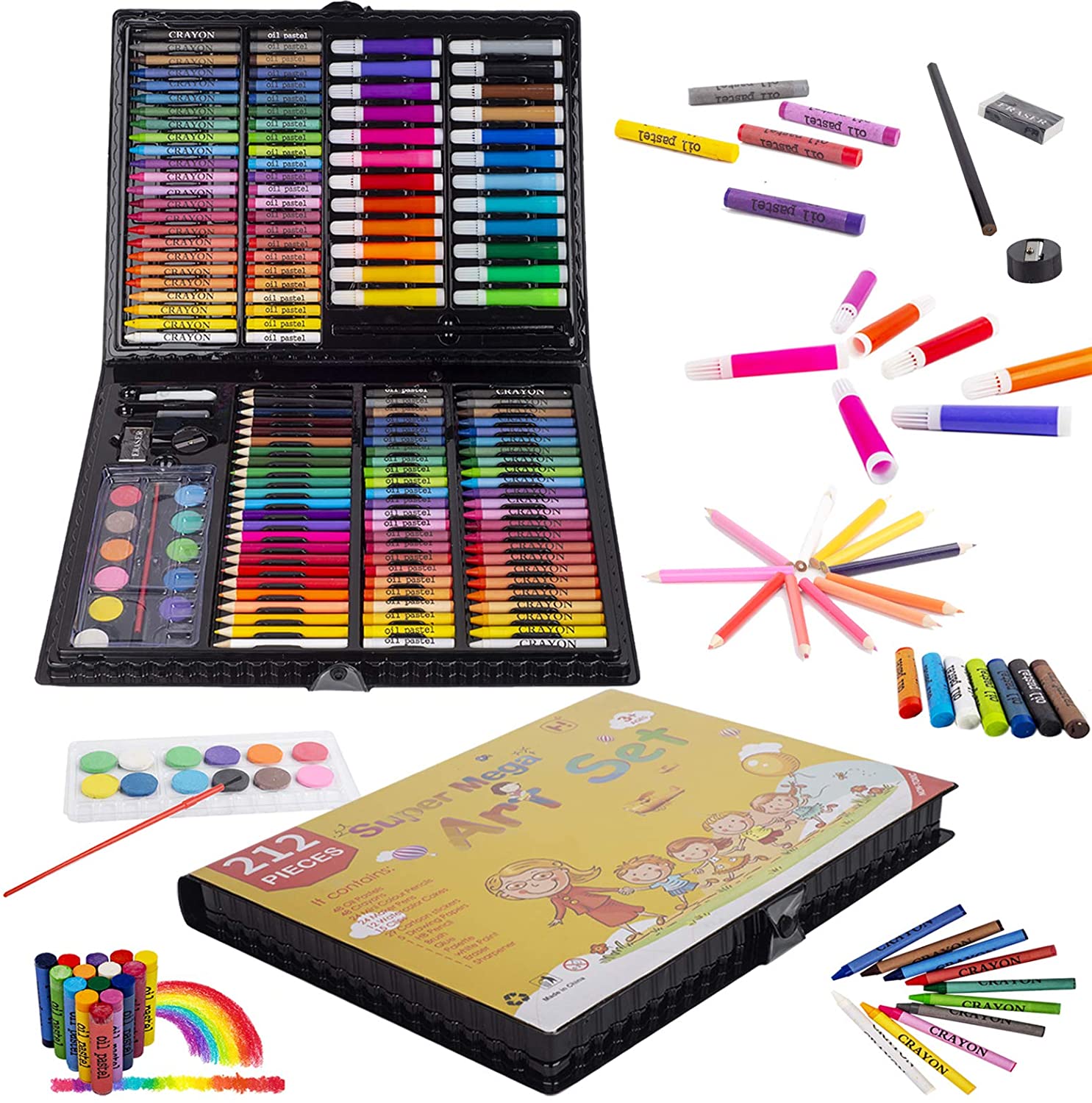 KINSPORY 212 PCS Portable Inspiration & Creativity Coloring Art Set Painting & Drawing Supplies Kit, Markers, Oil Pastels, Crayons, Colour Pencils, Watercolour Cakes, Palette, Brush, Drawing Papers