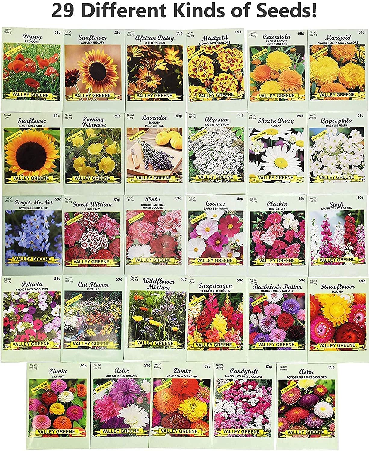25 Slightly Assorted Flower Seed Packets - Includes 10+ Varieties - May Include: Forget Me Nots, Pinks, Marigolds, Zinnia, Wildflower, Poppy, Snapdragon and More - Made in the USA