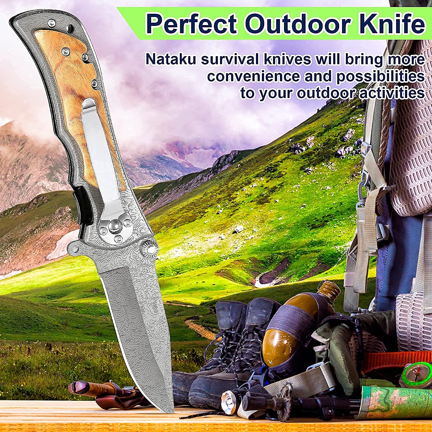 NATAKU Folding Pocket Knife for Men, Best Survival Tactical Knives for Camping Hunting, EDC and Outdoor Gear, Unique Gifts for Men Women