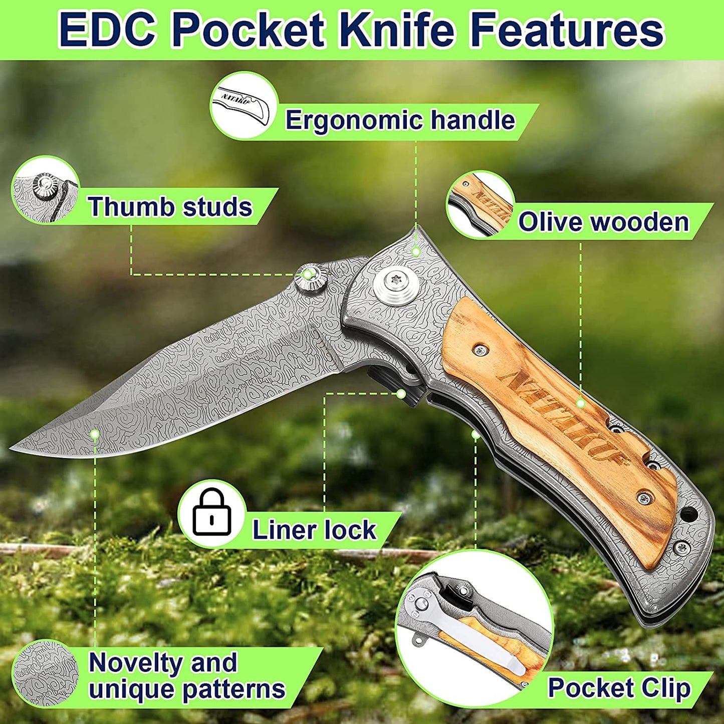 NATAKU Folding Pocket Knife for Men, Best Survival Tactical Knives for Camping Hunting, EDC and Outdoor Gear, Unique Gifts for Men Women