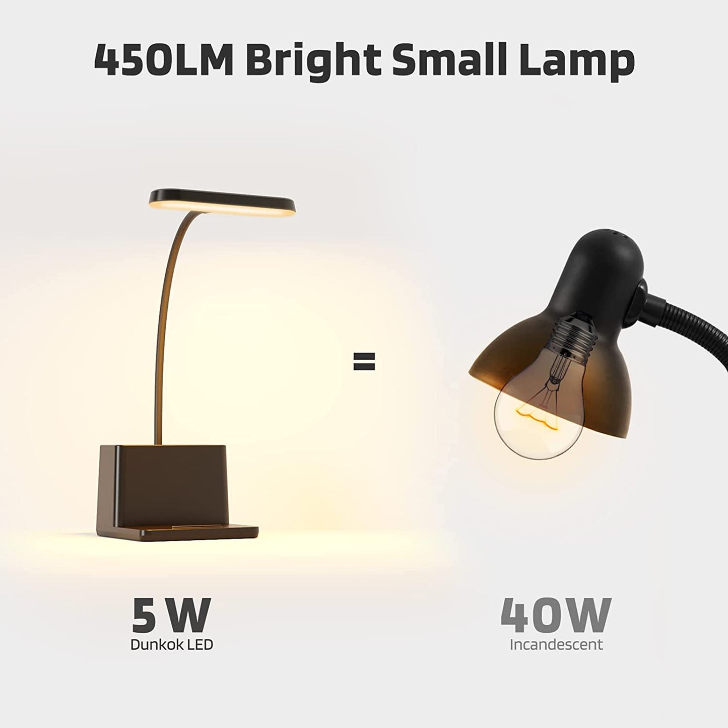 450LM Small Desk Lamp, LED Desktop Lamps for Home Office, Black Desk Light with Pen Holder, Photo Mount, Flexible Gooseneck, Kids Study Desk Lamp for College Dorm Room, Charger Adapter Included