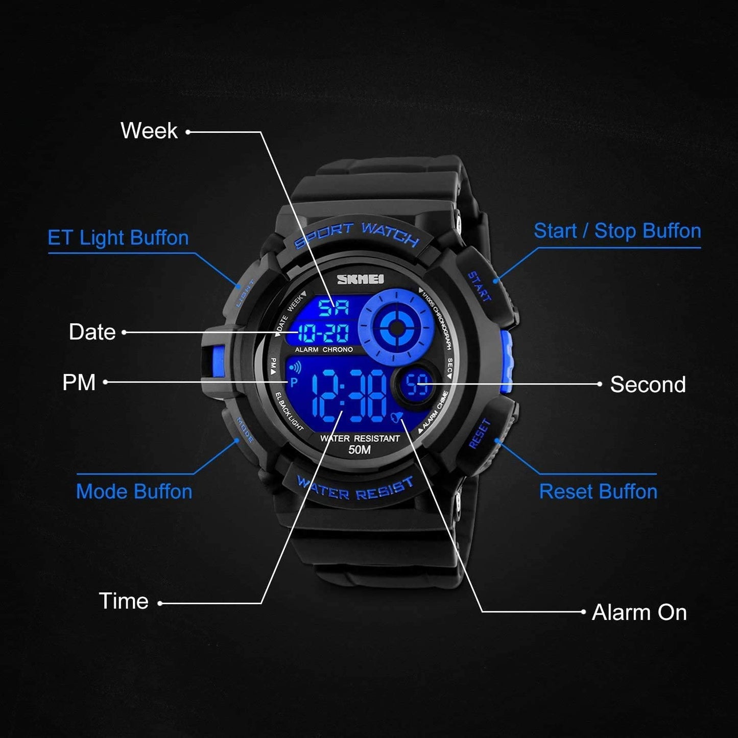 Men's Sport Watch,Digital Military Army Sports Multifunction LED Watch Electronic Waterproof Stopwatch Unique Dial 7 Color Changeable Backlight
