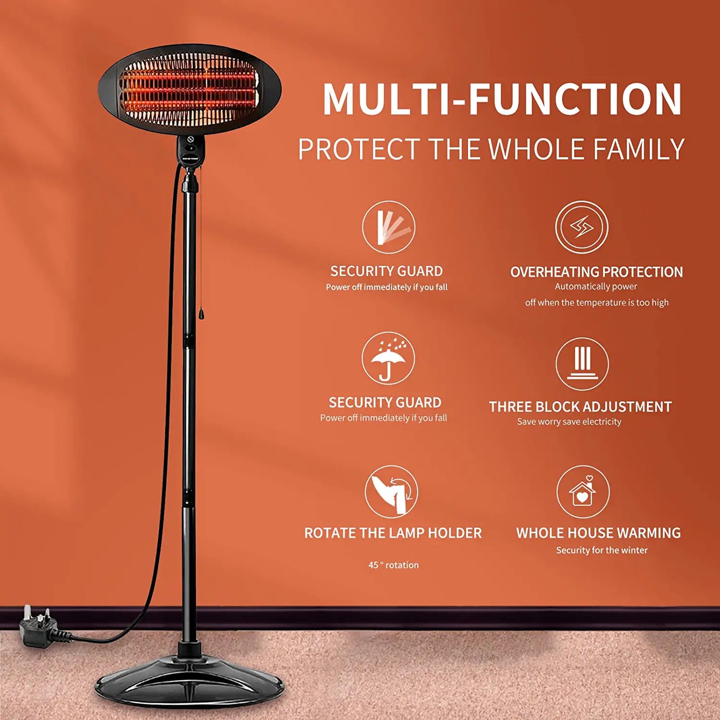 Portable Patio Electric Heater, Indoor and Outdoor, Raised and Lowered, 500W/1000W/1500W, Quiet, Automatic Power off (Black)