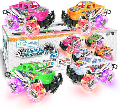 Artcreativity Light up Monster Truck Set for Kids,- Includes 4, 6 Inch Trucks with Beautiful Flashing LED Tires,- Push N Go Toy Cars for Boys and Girls,- Best Gift for Kids Age 3 - 6 Years Old and Up