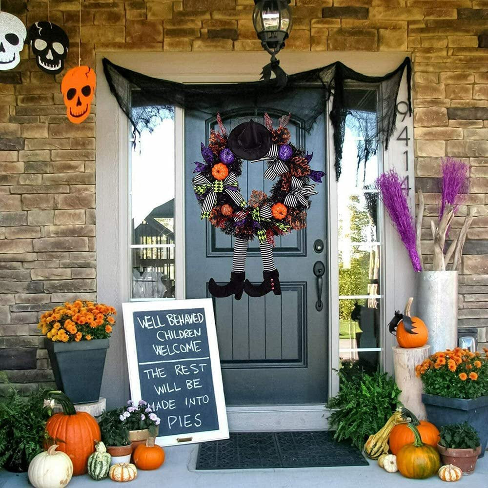 Halloween Wreath with Hat Legs Pumpkin Door Hanging Garland Front Door for Halloween Decorations