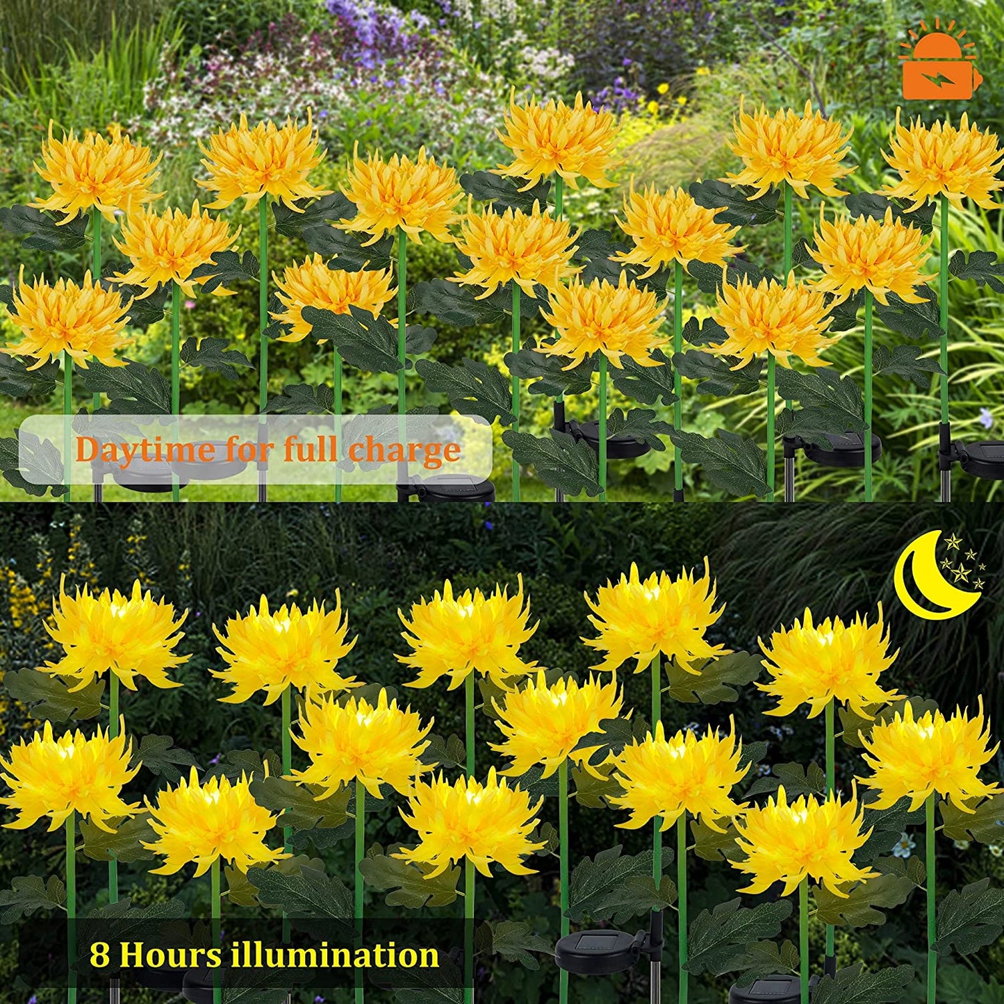  2 Pack Solar Garden Stake Lights, Outdoor Chrysanthemum Lights, LED Solar Powered Lights for Patio Lawn Garden Yard Pathway Decoration, Yellow