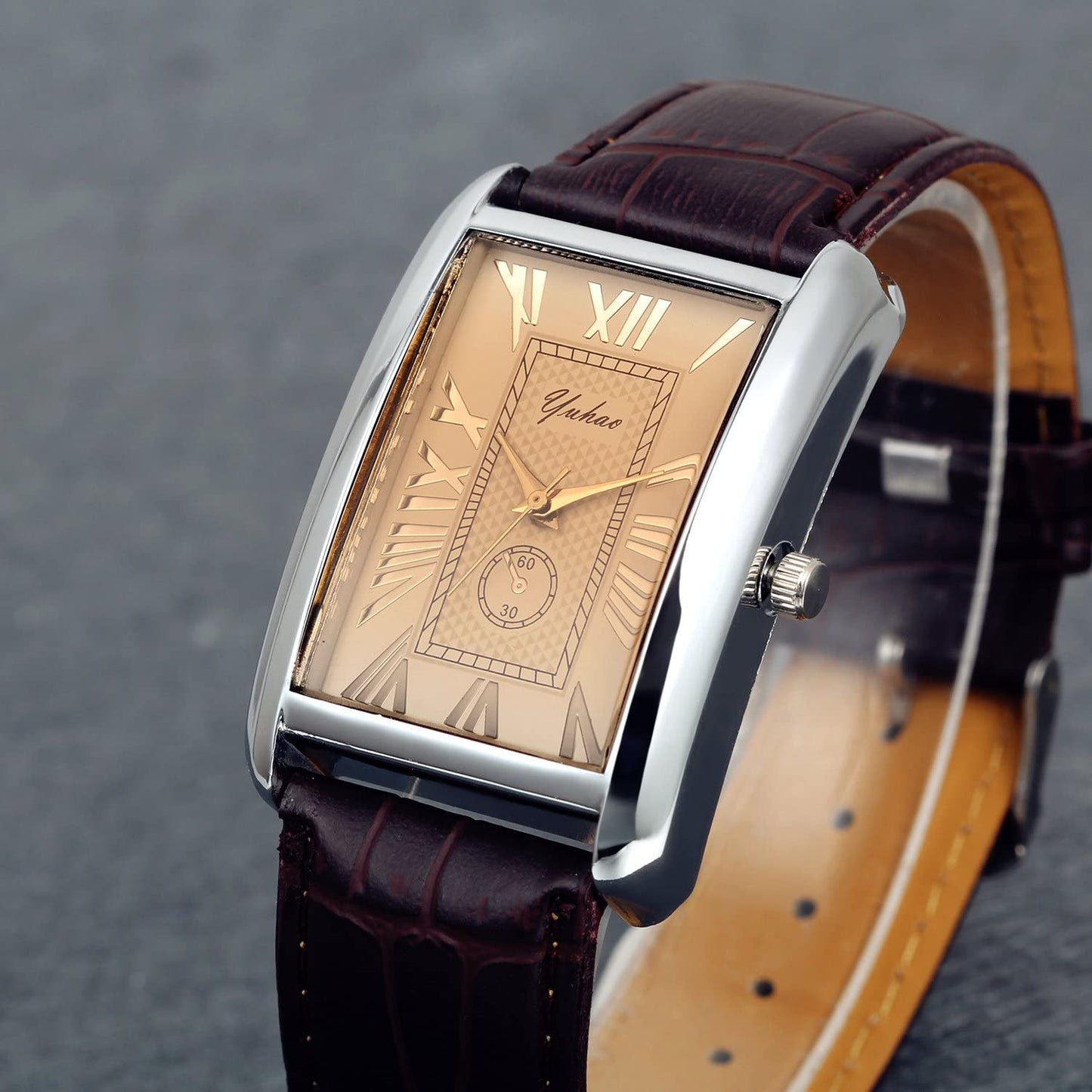 Retro Vintage Square Quartz Analog Watch Silver Tone Case Crocodile Pattern Brown Leather Business Casual Dress Wrist Watch for Christmas