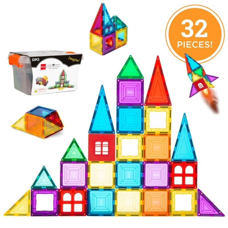 32-Piece Colorful Kids Mini Magnetic Tiles Educational STEM Toy Set W/ Carrying Case, Rounded Edges