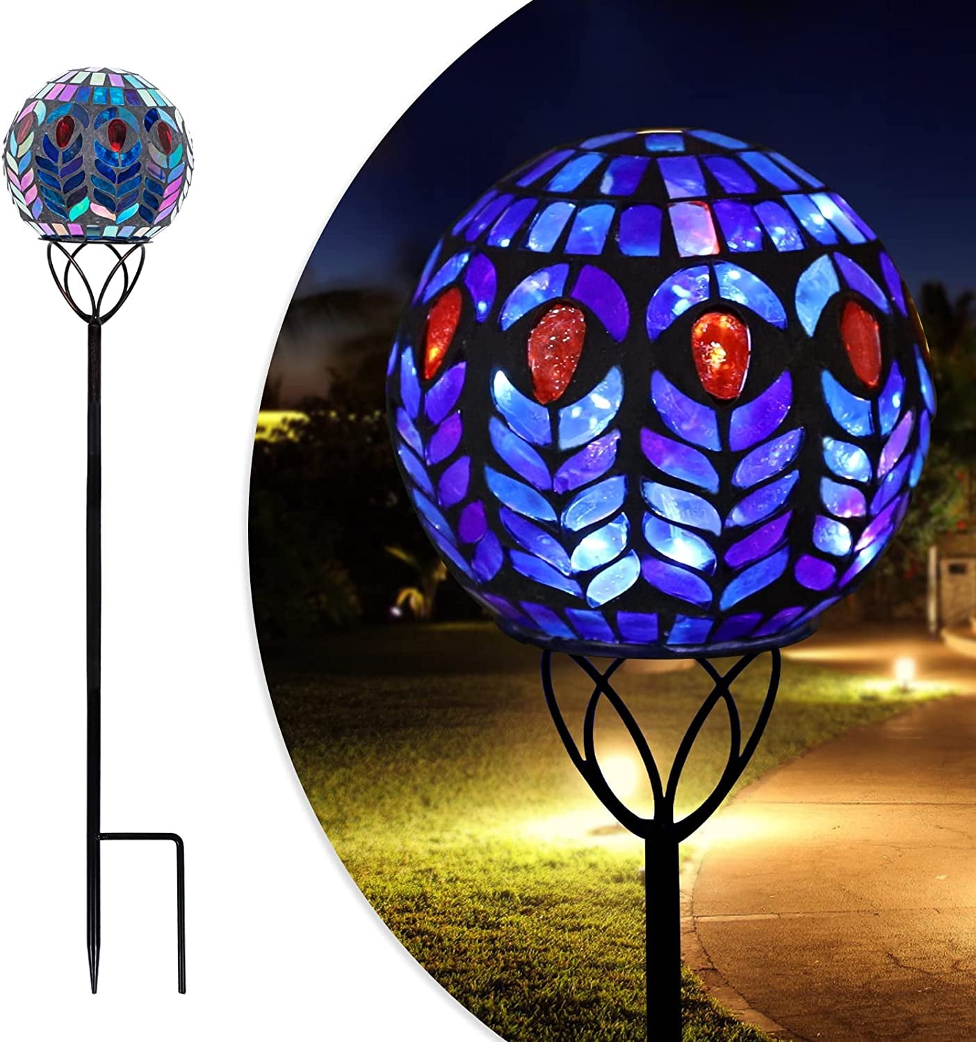 Solar Lights Outdoor Garden Decor - Mosaic Decorative Stakes Solar Powered Gazing Ball Light Landscape Solar Globe Lights for Yard Path Decoration