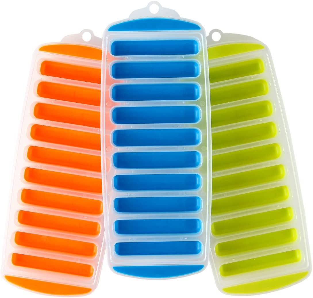 Silicone Narrow Ice Stick Cube Trays with Easy Push and Pop Out Material, Ideal for Sports and Water Bottles, Assorted Bright Colors. With Lids
