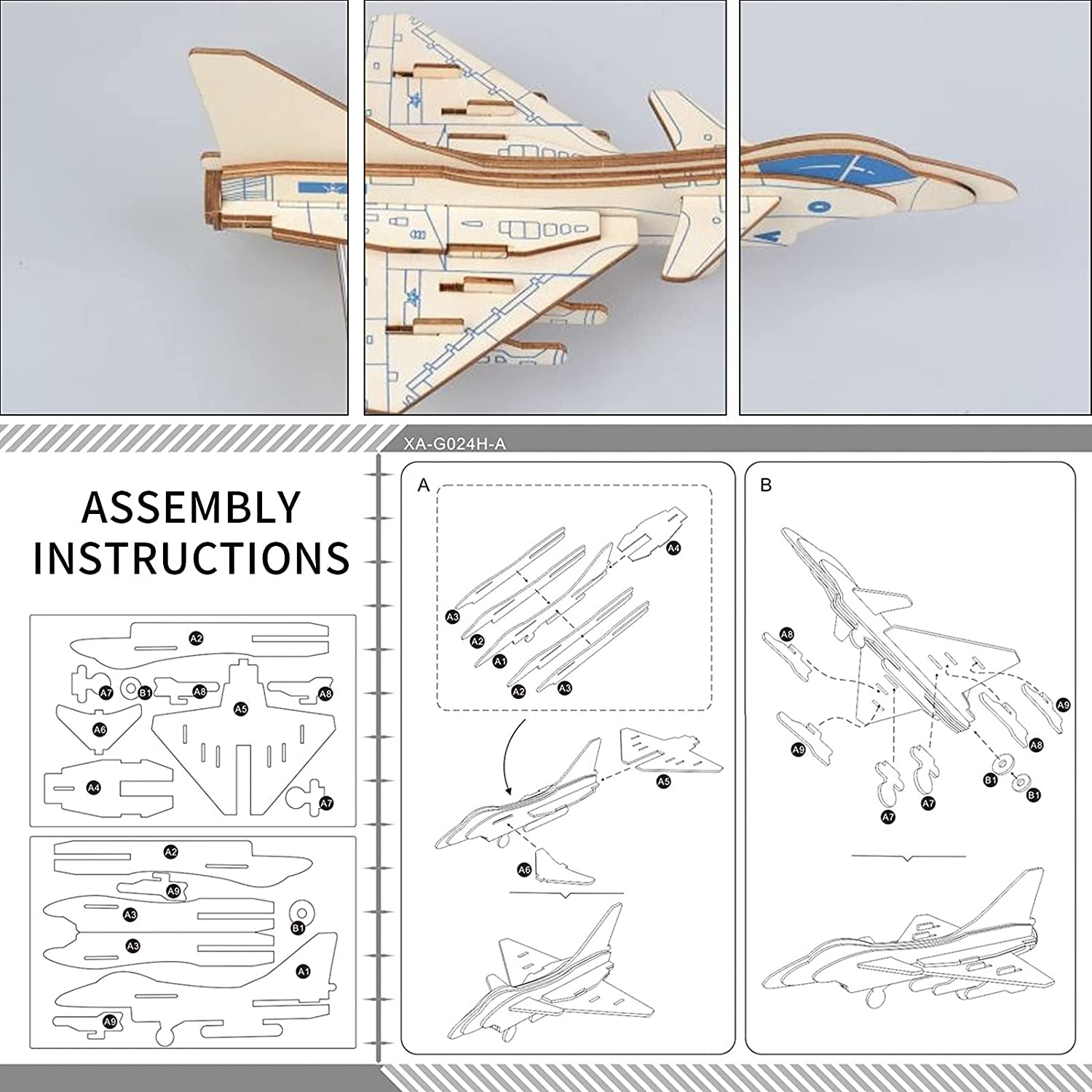 Hands Craft Airplane DIY 3D Wooden Puzzle Model Kit - Laser Cut Wooden Puzzle Craft Kit, Brain Teaser and Educational STEM DIY Building Model Toy，Fighter Jet