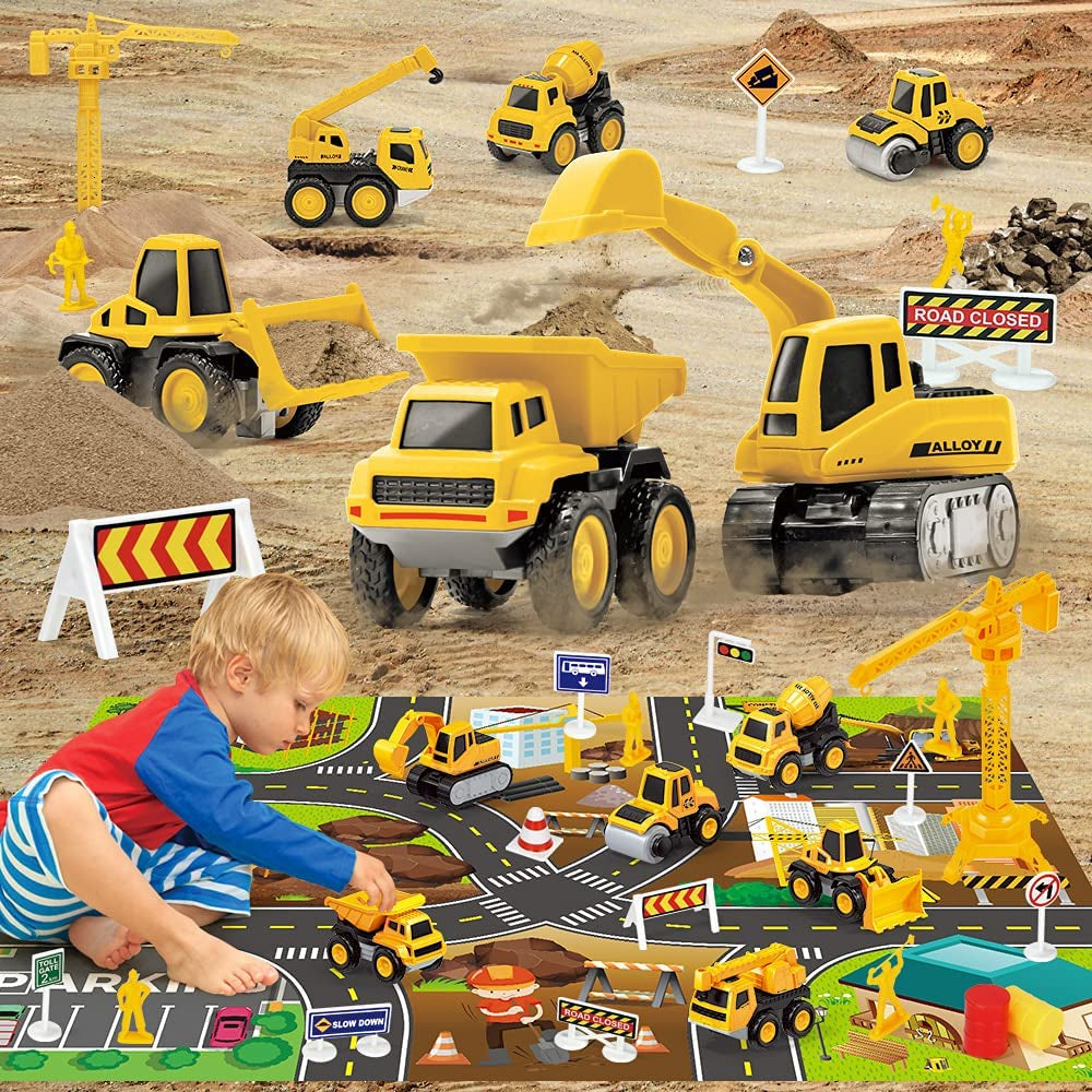 Mini Tudou Construction Trucks Toys, 6 PCS Diecast Construction Pull Back Cars Vehicle Set with Play Mat, Tower Crane, 4 Worker Figures & Multiple Traffic Signs to Build a Realistic Construction Site