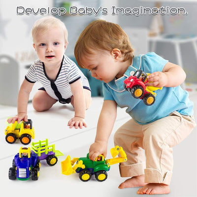 Friction Powered Cars for 1 2 3 Year Old Boy & Girl, Toddler Car Toy with 4 Sets Tractor, Truck, Dumper, Bulldozer Toy Construction Vehicles, Truck Toy Birthday for 18M 20M 24M+