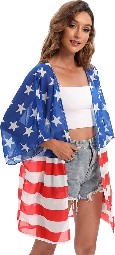  Women's American Flag Kimono Cover up Beachwear Cardigan Loose Tops Shirt Blouse