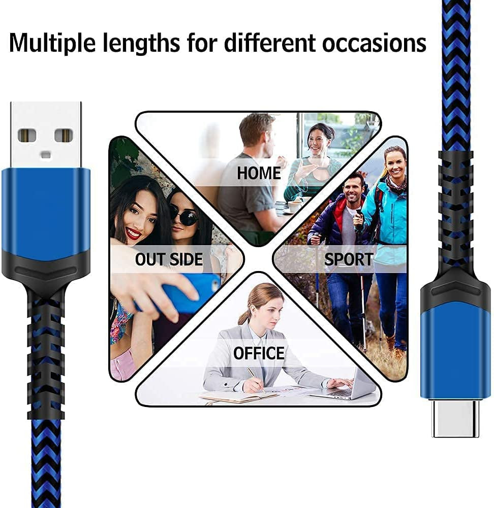  5 Pack USB Type C Cable 3/3/6/6/10FT Nylon Braided USB C Cable Fast Charger Charging Cord 