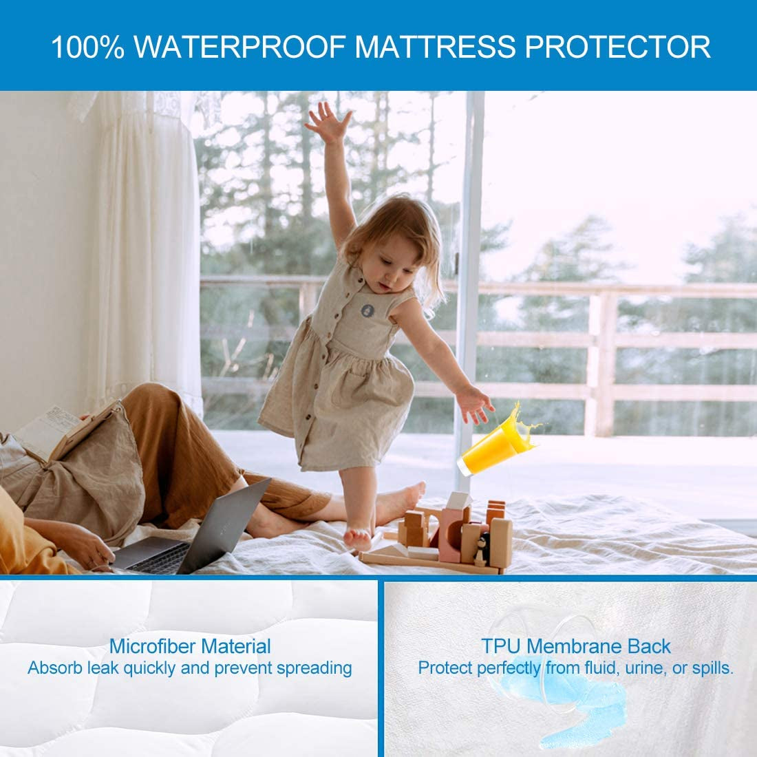 California King Size Quilted Fitted Waterproof Mattress Pad, Premium Hollow Material Filling Mattress Protector, Breathable, Quiet, Cooling, Machine-Washable Mattress Cover with 21” Deep Pocket