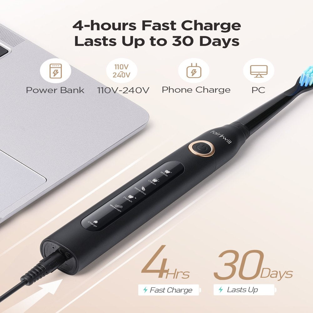 Rechargeable Power Toothbrush with 4 Brush Heads, 5 Modes and 2 Minutes Timer
