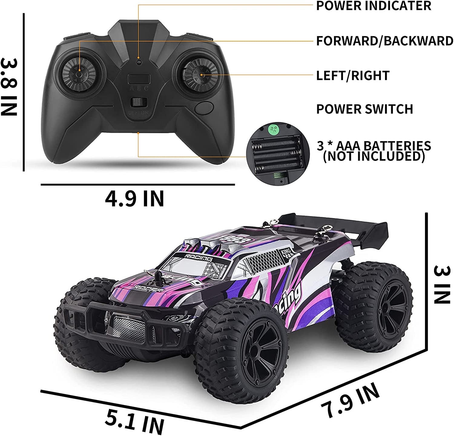 Remote Control Car, Led Light 2.4Ghz Powerful Offroad High Speed Racing Rc Car, Hobby Electric Toy Car 1:22 Multi-Terrain Buggy Crawler Truck with Rechargeable Battery, Gift for Boy Girl Kid
