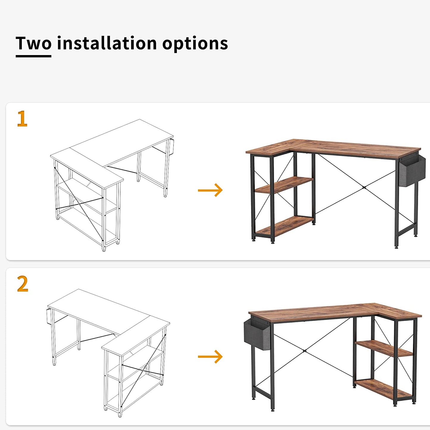 55 Inch Small L Shaped Computer Desk with Storage Shelves Home Office Corner Desk Study Writing Table, Deep Brown