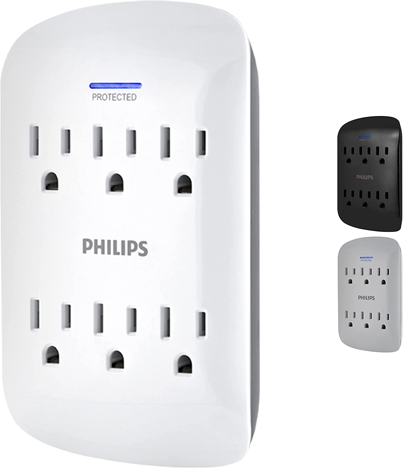 Philips 6-Outlet Extender Surge Protector, 900 Joules, 3-Prong, Space Saving Design, Protection Indicator LED Light