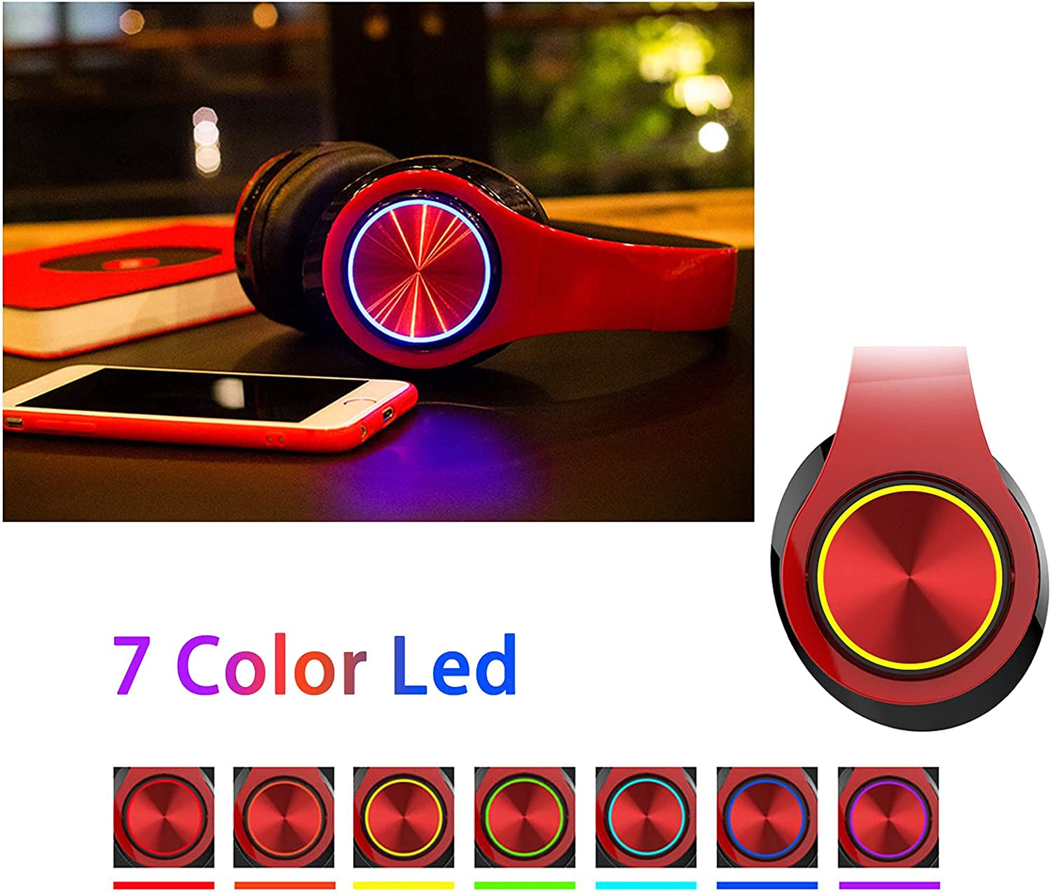 Over Ear Bluetooth Headphones, Foldable LED Stereo Headphones with Built-In Microphone, Noise-Cancelling Wireless Headset for Pc, Smart Phone, TV