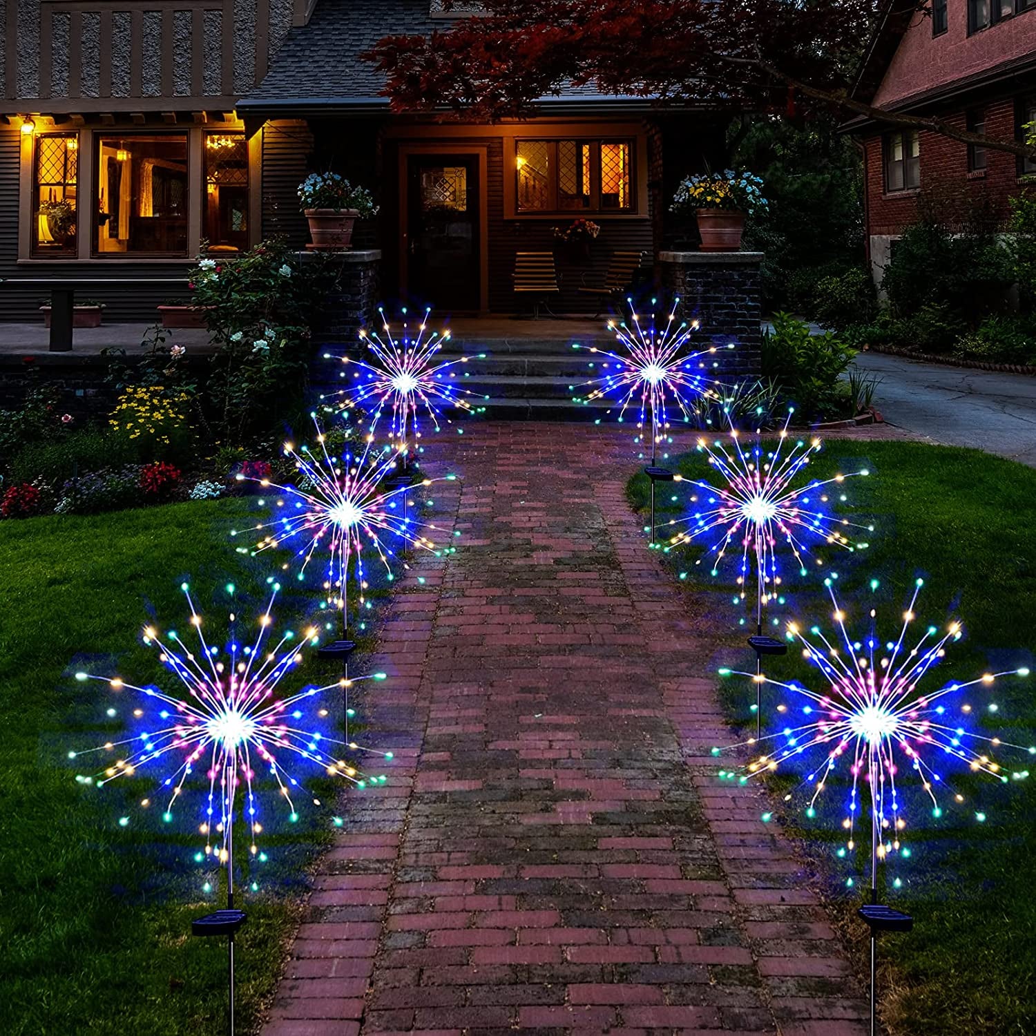 Solar Garden Firework Lights Outdoor Waterproof 2 Pack Solar Powered Art Stake Twinkle Lighting for Outside Decor, 120 LED Sparklers String Lights for Yard Pathway Patio Party Decorations (Warm)