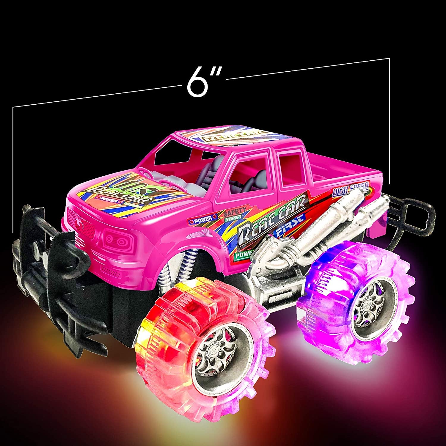 Artcreativity Pink and Green Light up Monster Truck Set for Boys and Girls, Set Includes 2, 6 Inch Monster Trucks with Beautiful Flashing LED Tires, Push N Go Toy Cars, Best Gift for Kids, for Ages 3+