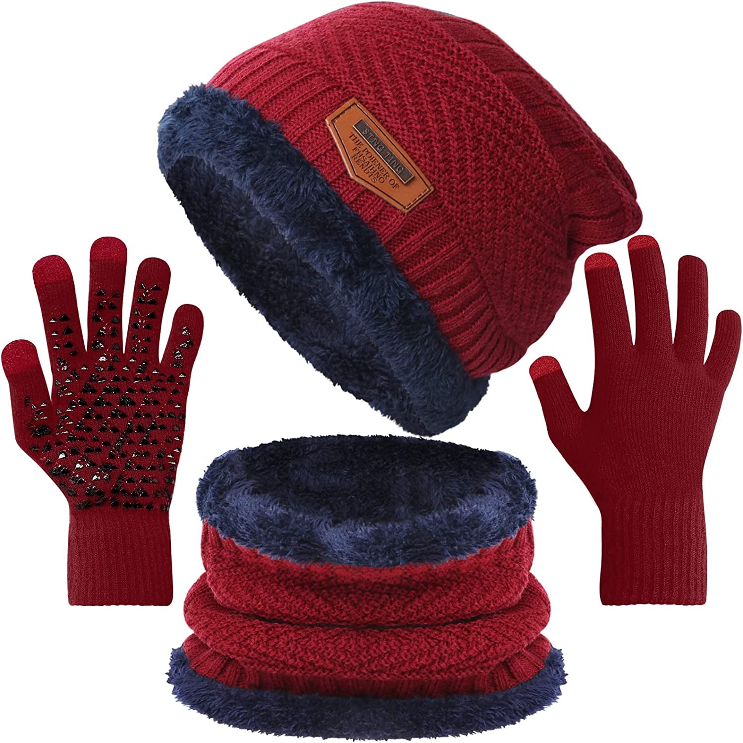 Winter Knit Beanie Hat Neck Warmer Gloves Set Warm Fleece Lined Skull Cap Infinity Scarf Touchscreen Gloves for Men & Women