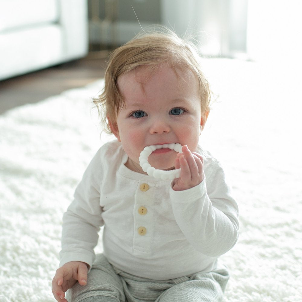 Dr. Brown’S Flexees Beaded Teether Rings, 100% Silicone, Soft & Easy to Hold, Encourages Self-Soothe, 3 Pack, Pink, White, Gray, BPA Free, 3M+