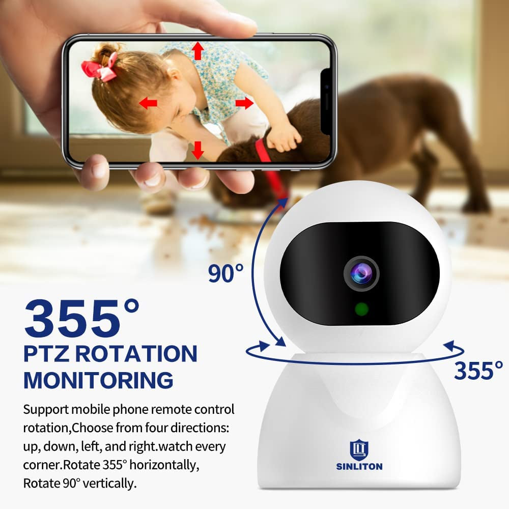 Sinliton Indoor/Home Monitor Pan-Tilt 360° View Security Cameras, 1080P Baby Monitor, 2.4G WiFi pet Camera, Motion Detection Alarm, 2 Way Audio, SD/Cloud Storage