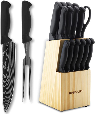 Kitchen Block Knife Set 16 Pieces with Boning Knife and Carving Fork, Manual Sharpening for Chef Knife Set Ultra Sharp