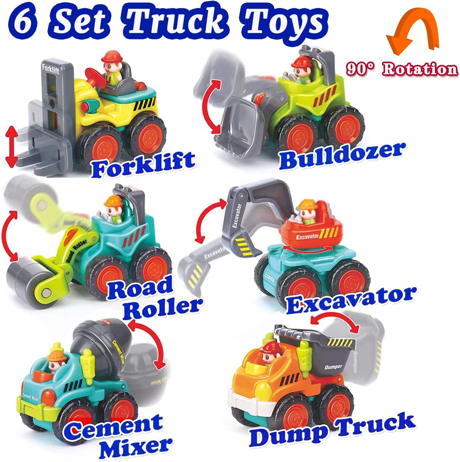 Mini Toddler Construction Vehicles Playsets - Dump Truck , Excavator, Bulldozer, Cement Mixer, Forklift, Road Roller, Construction Car Toys for 12 to 18 Months Old Boy