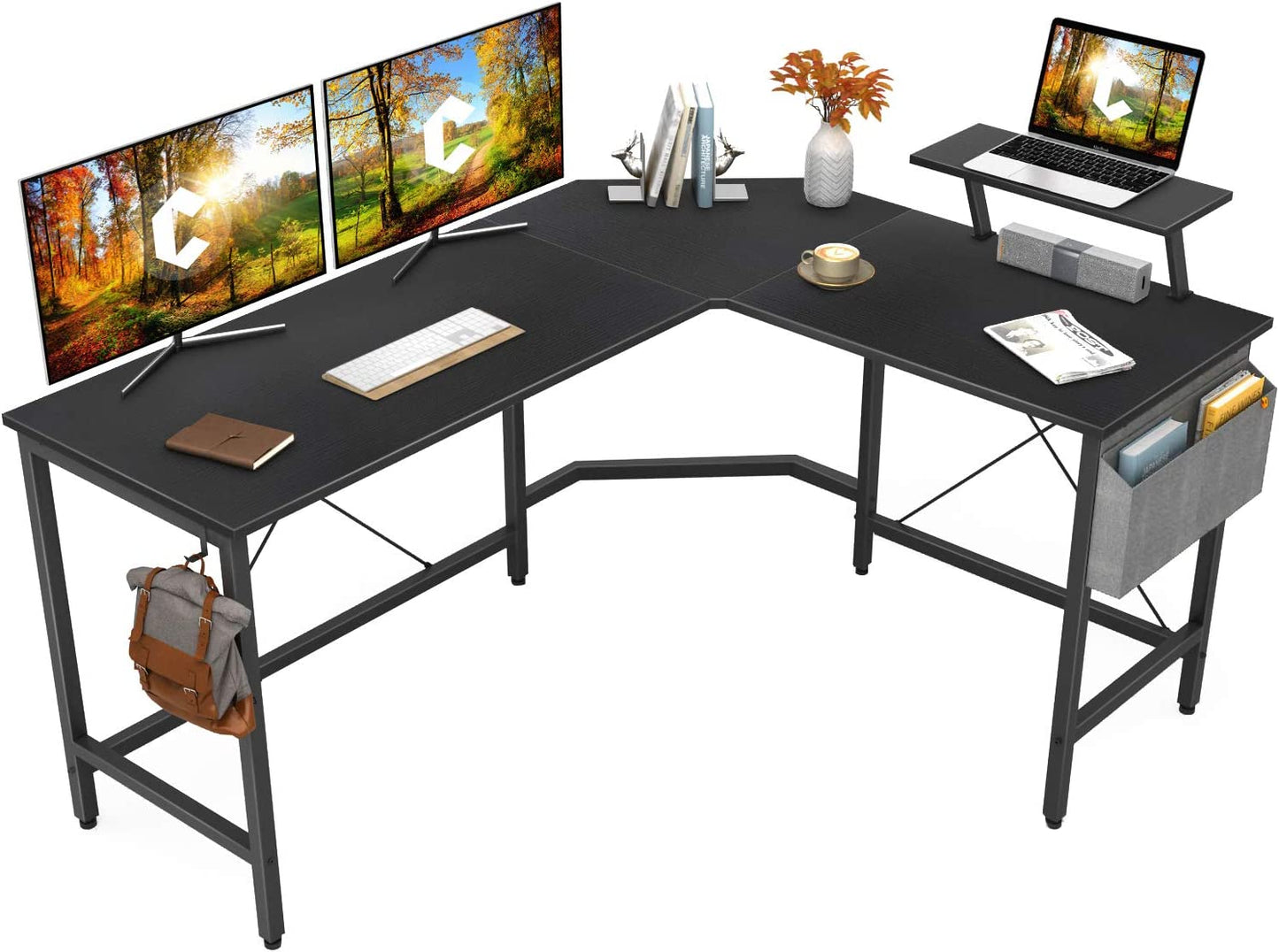 Modern L-Shaped Computer Office Desk, Corner Gaming Desk with Monitor Stand, Home Office Study Writing Table Workstation for Small Spaces, Black