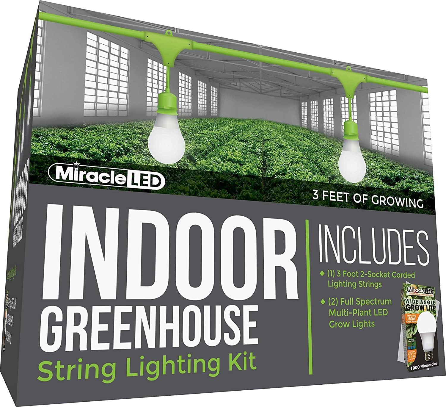 Miracle LED Indoor Greenhouse Corded Lighting Kit Add-On 3-Foot 2-Socket with Two Full Spectrum Wide Angle Grow Lights