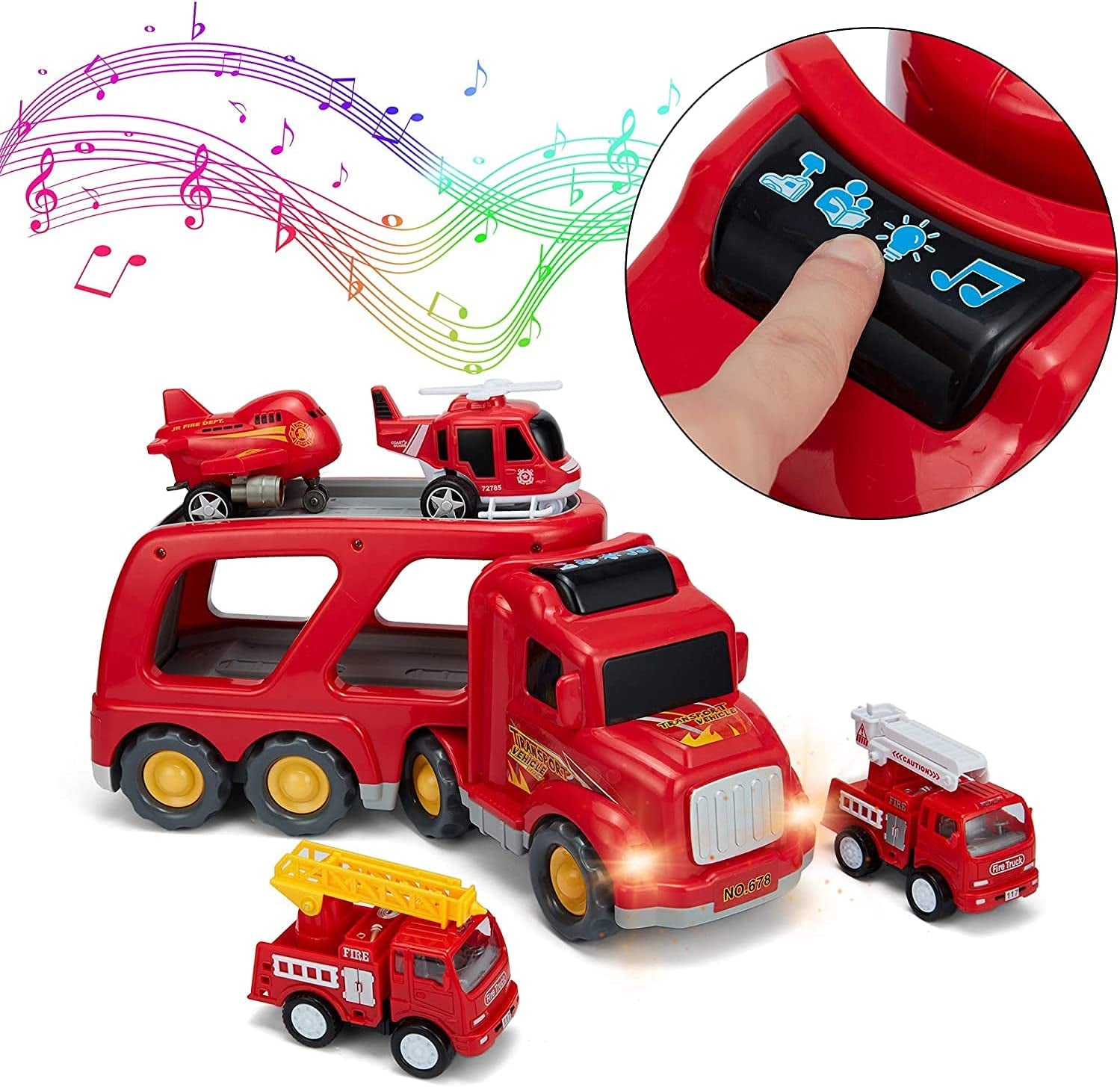 KIDS REPUBLIC Fire Carrier Truck Transport Car Play Vehicles - 5 in 1 Friction Power Toys for 4 5 6 7 Year Old Boys, Push and Go Vehicles