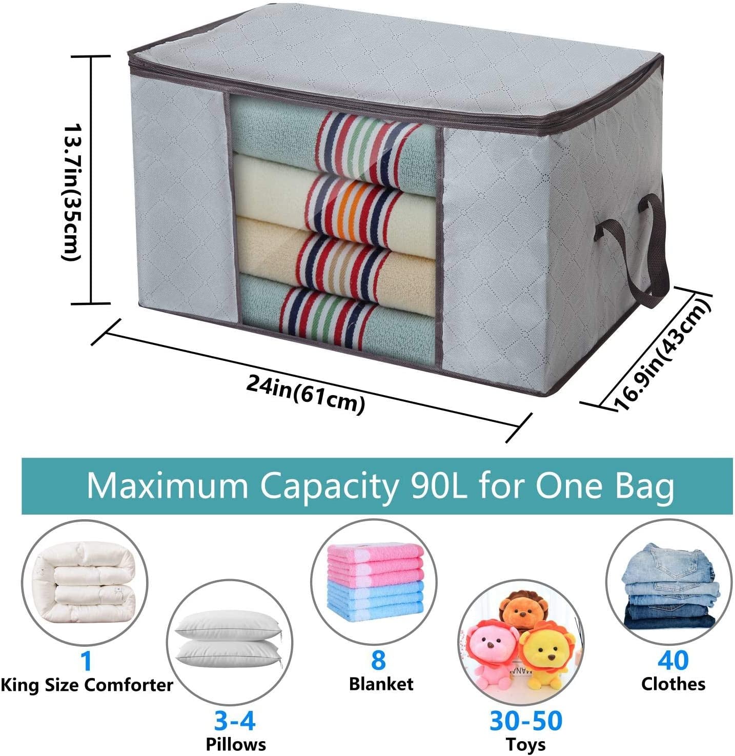 Polarduck Clothes Storage Bag Closet Organizer: Foldable Large Capacity Storage Bin with Clear Window Sturdy Zipper Reinforced Handle for Comforter Bedding Blanket | 3-Pack 90L Grey